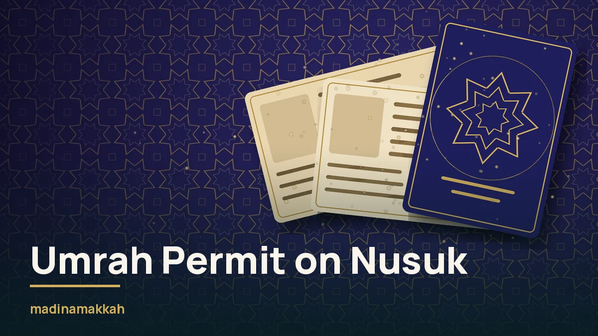 Indigo passport with a gold eight-point star and two sand-coloured blank permit cards on a gold Islamic geometric lattice