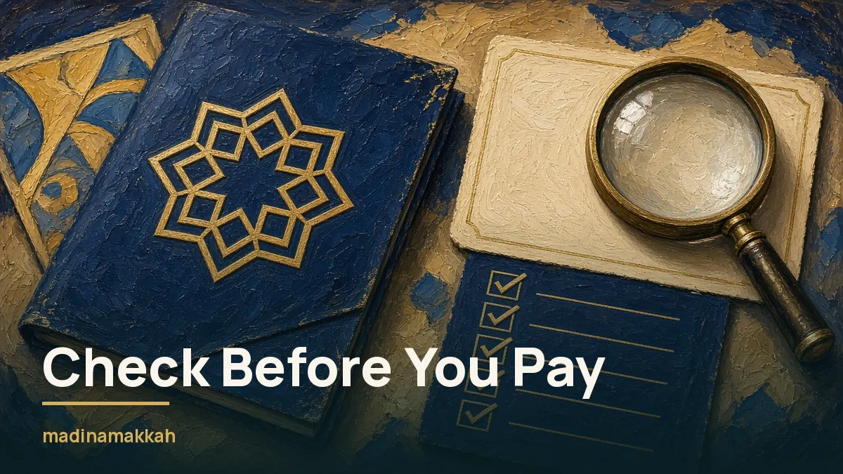Indigo travel folder with a gold geometric badge, a magnifying glass over a blank itinerary card and a ticked checklist: choosing a licensed Umrah package and avoiding scams