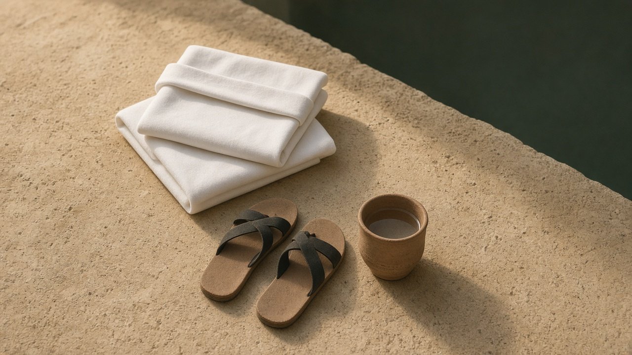 Folded white ihram cloths, sandals, and a cup of water