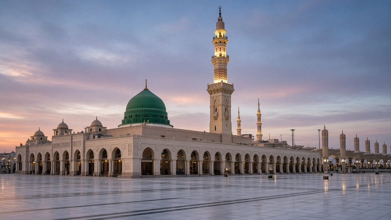 The Prophet's Mosque in Madinah, green dome and minaret