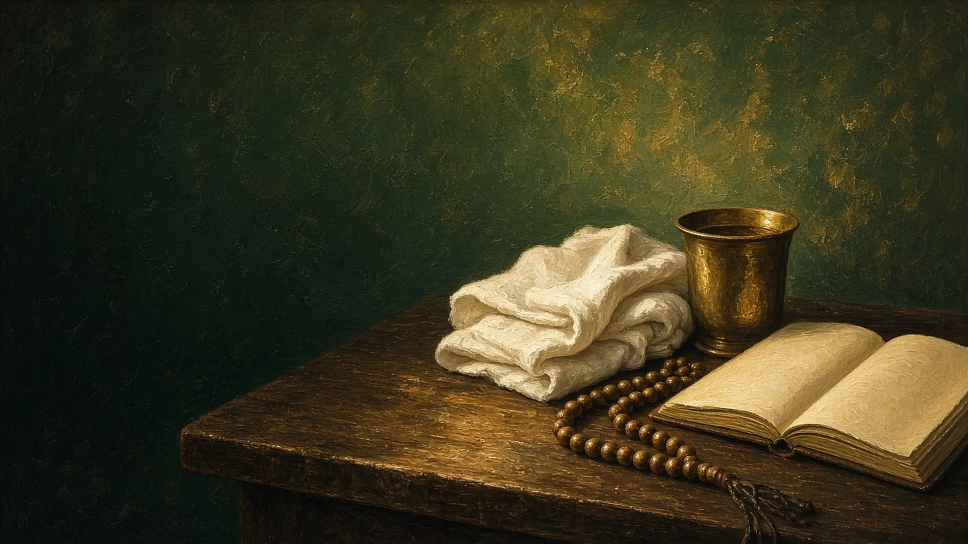 Ihram cloth, brass cup, prayer beads and an open journal on a wooden table against deep green.