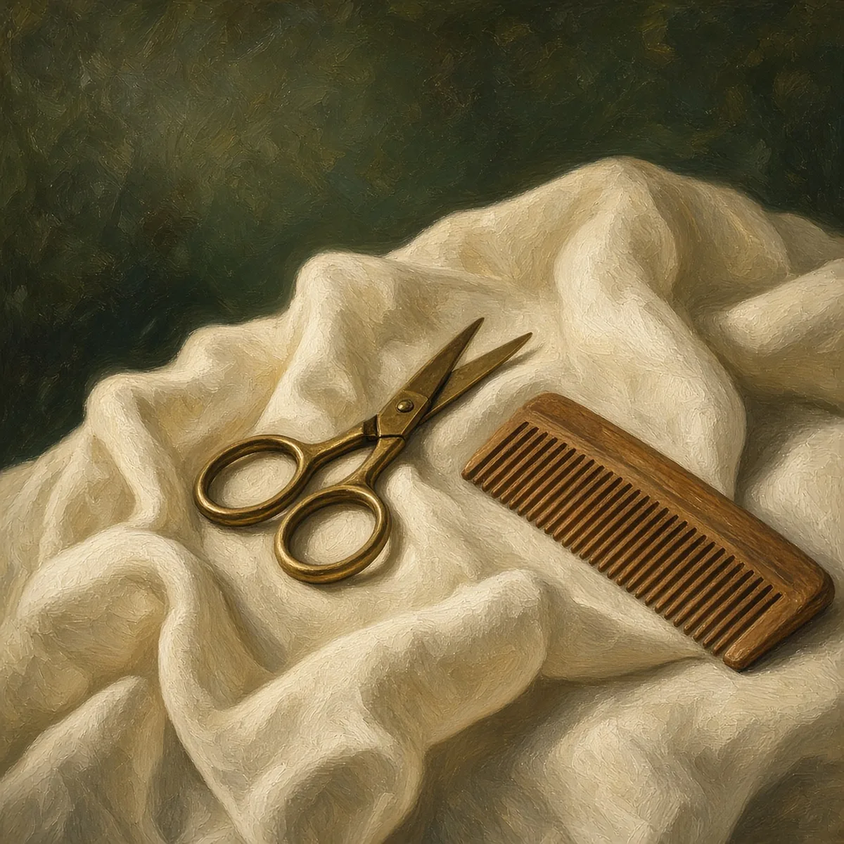 Brass scissors and a wooden comb resting on soft cream linen