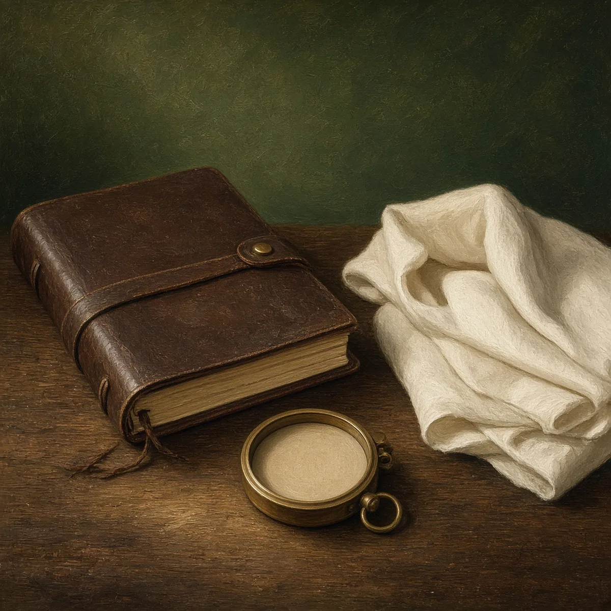 A leather travel journal, a brass compass and folded white cloth on a wooden table