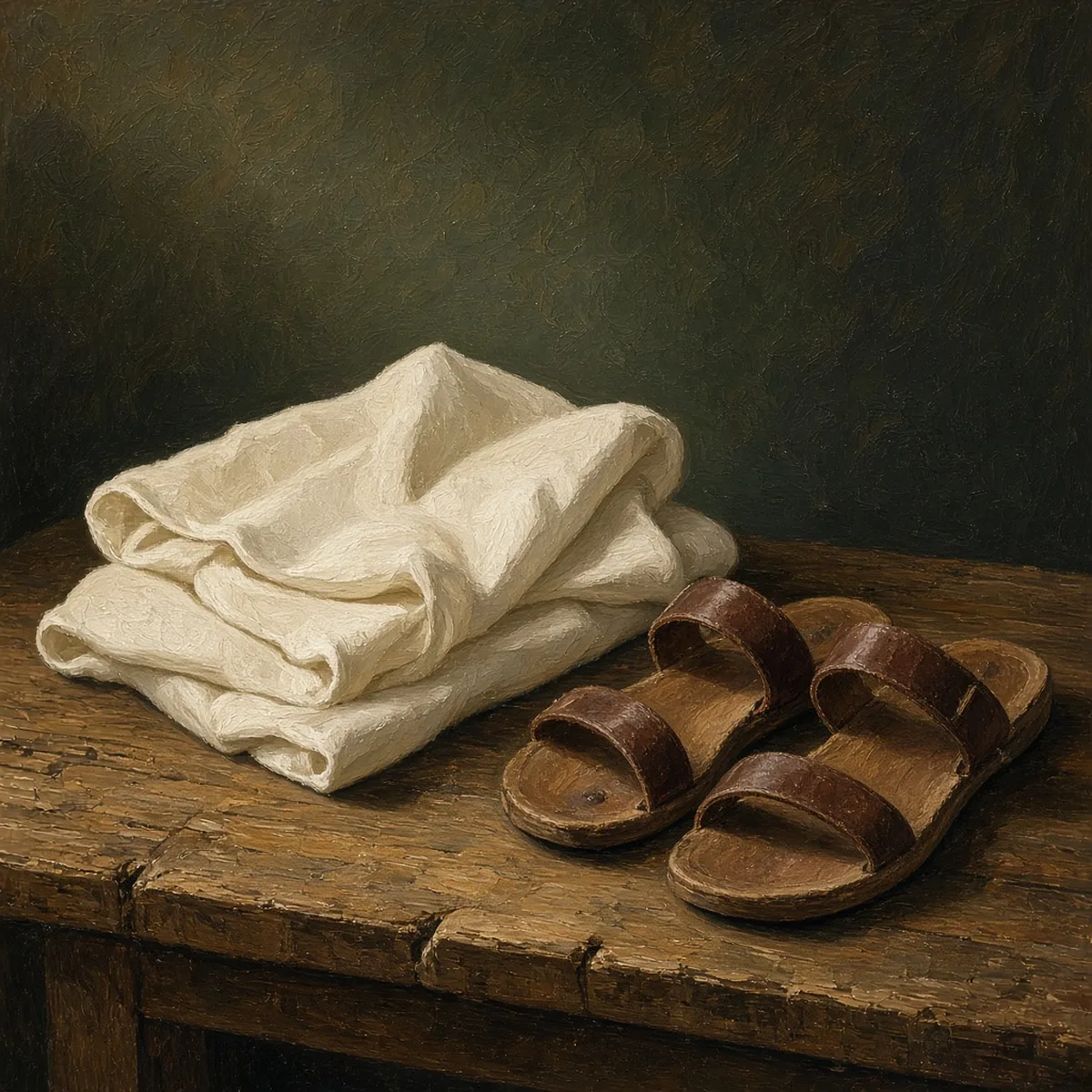 Folded white unstitched cloth beside simple leather sandals on a rustic wooden table