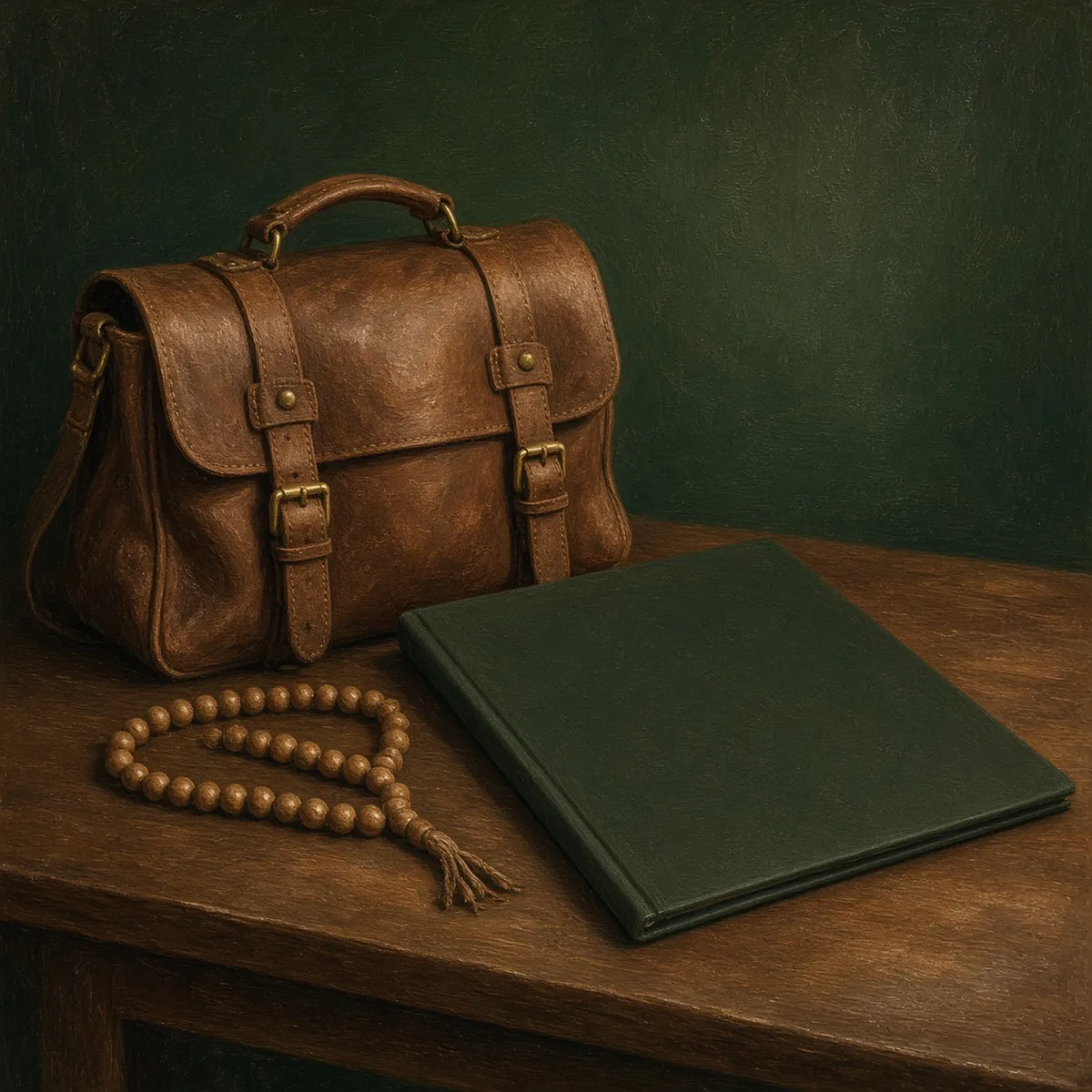 A leather travel bag, a plain green folder and wooden prayer beads on a wooden table