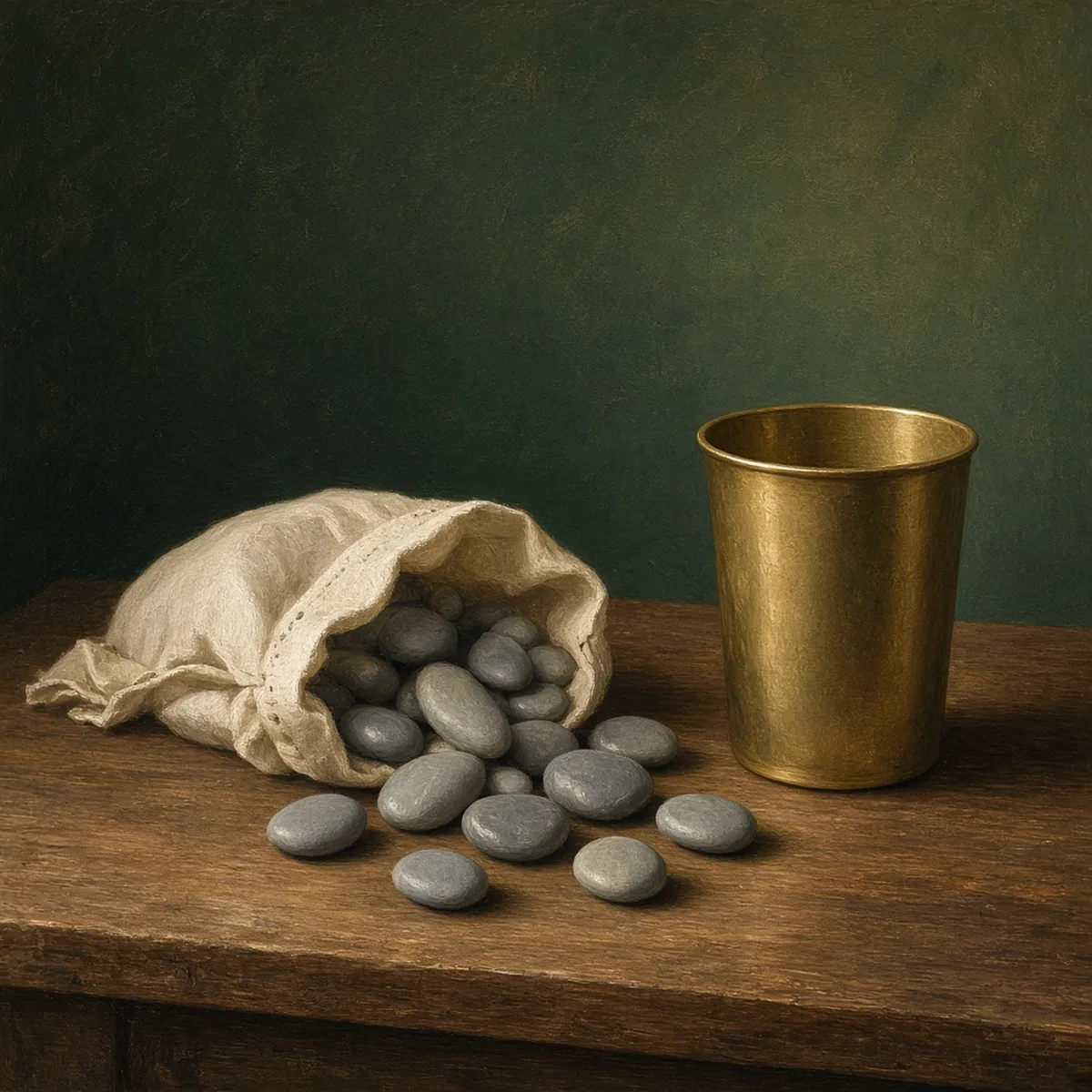 Small grey pebbles spilling from a cloth pouch beside a brass water cup