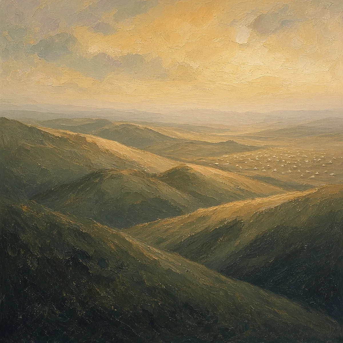 Rolling desert hills at dawn with a distant field of small pale tents