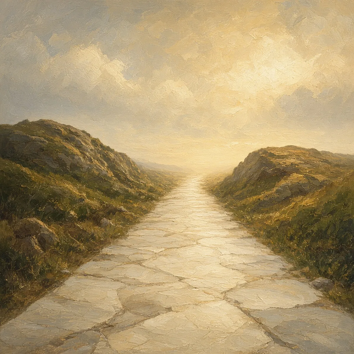 A long pale marble path stretching between two low rocky rises under a golden sky