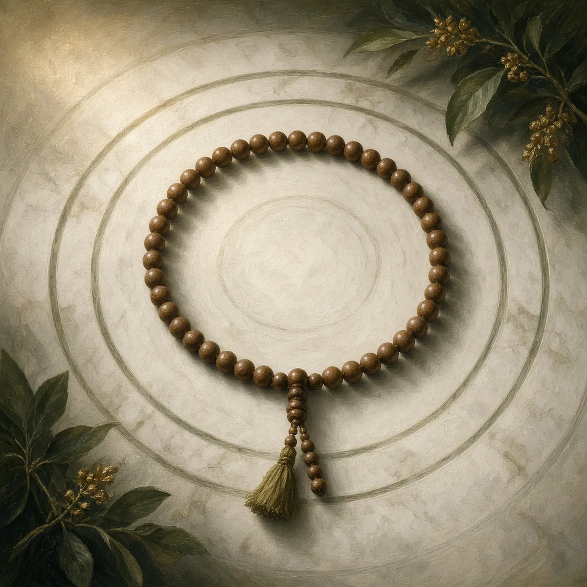 Wooden prayer beads laid in a circle on white marble with concentric circular inlay