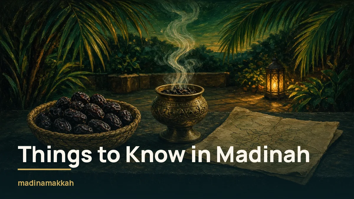 Basket of Ajwa dates, brass incense burner and map on a palm courtyard table