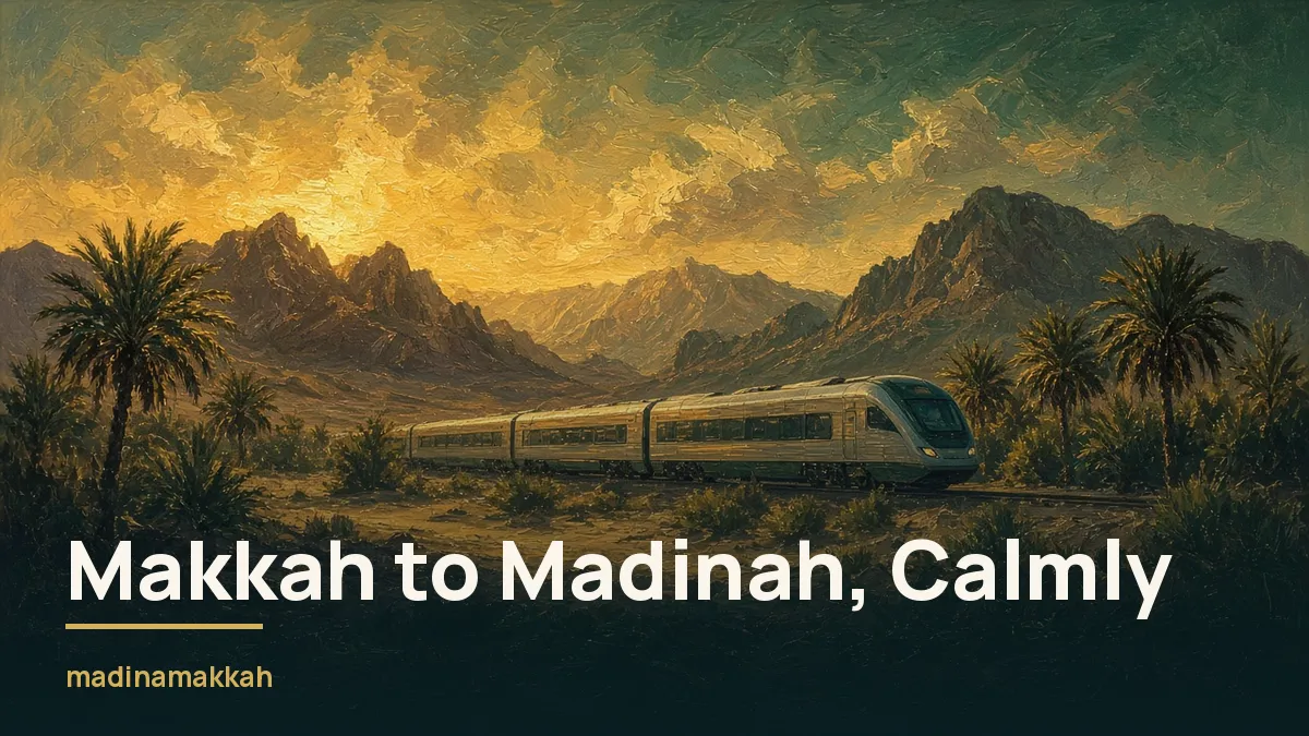 High-speed train crossing golden desert between palms and mountains at sunset