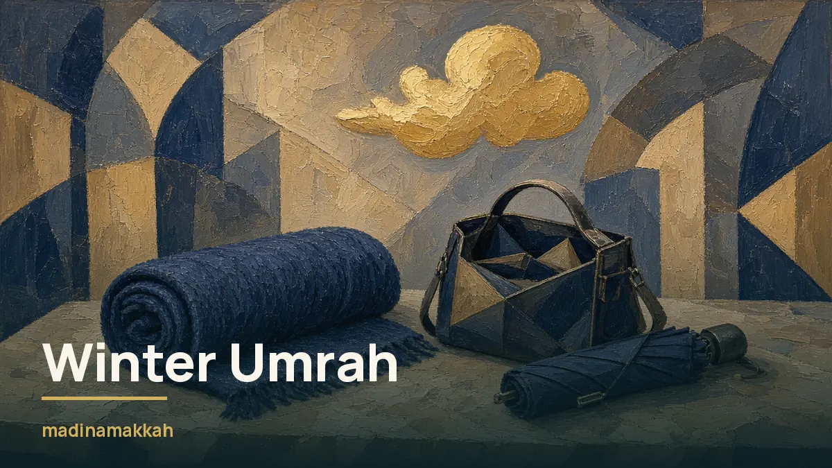 Painting of a rolled indigo shawl, small travel bag and folded umbrella on sand marble under a glowing gold cloud icon: planning Umrah in winter