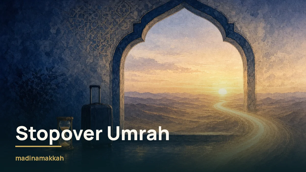 Watercolour arched window at dawn with a suitcase and glowing hourglass, a path of light leading to desert hills: planning Umrah on a transit visa