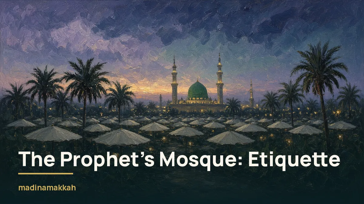 Distant green dome and minarets beyond white umbrella canopies and palms at blue hour
