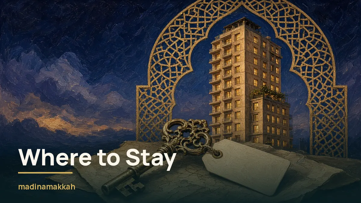 Painting of an ornate brass key with a blank tag on a folded map, before a tall lit hotel tower framed by a gold geometric arch under a deep blue evening sky: choosing where to stay for Umrah